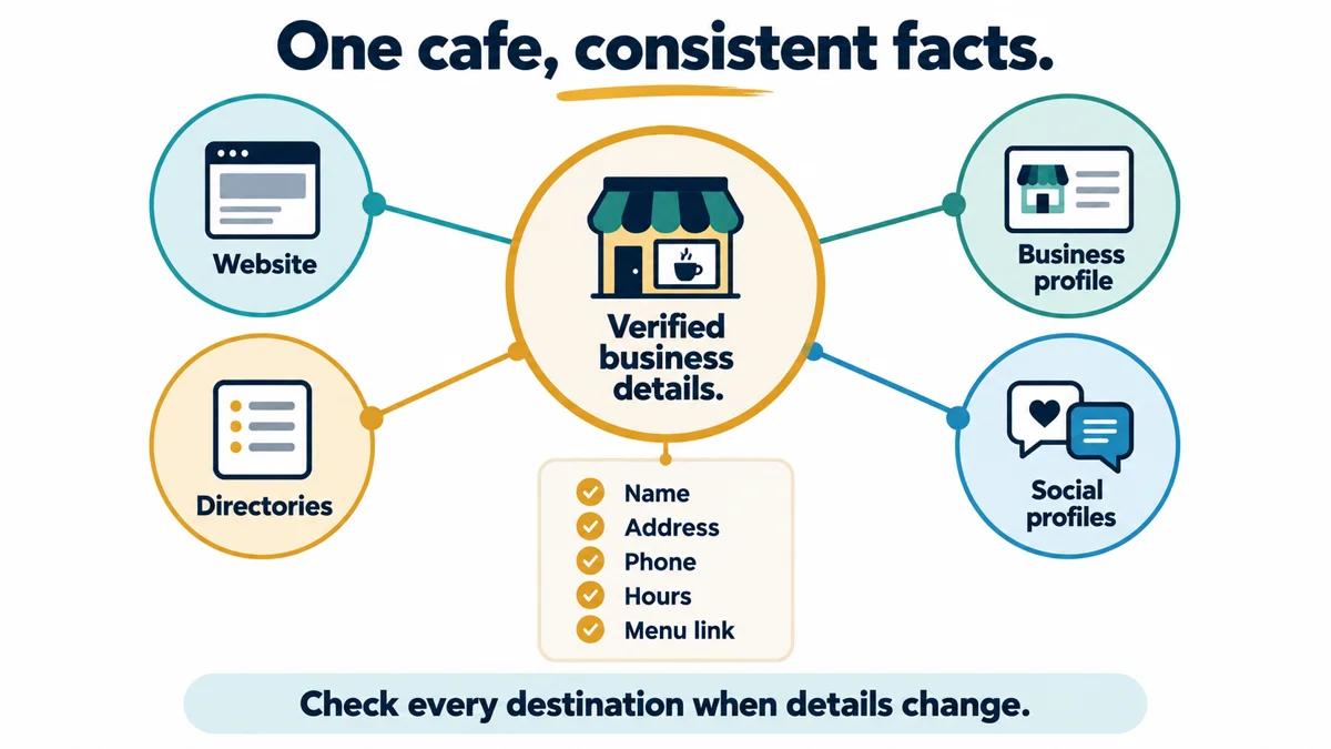 A hub diagram shows the cafe details that should stay consistent across its website, business profile, directories and social profiles.
