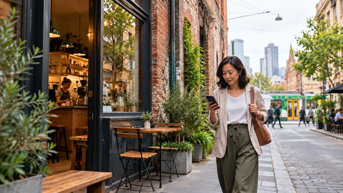 A customer checks local cafe information while walking through a Melbourne neighbourhood.