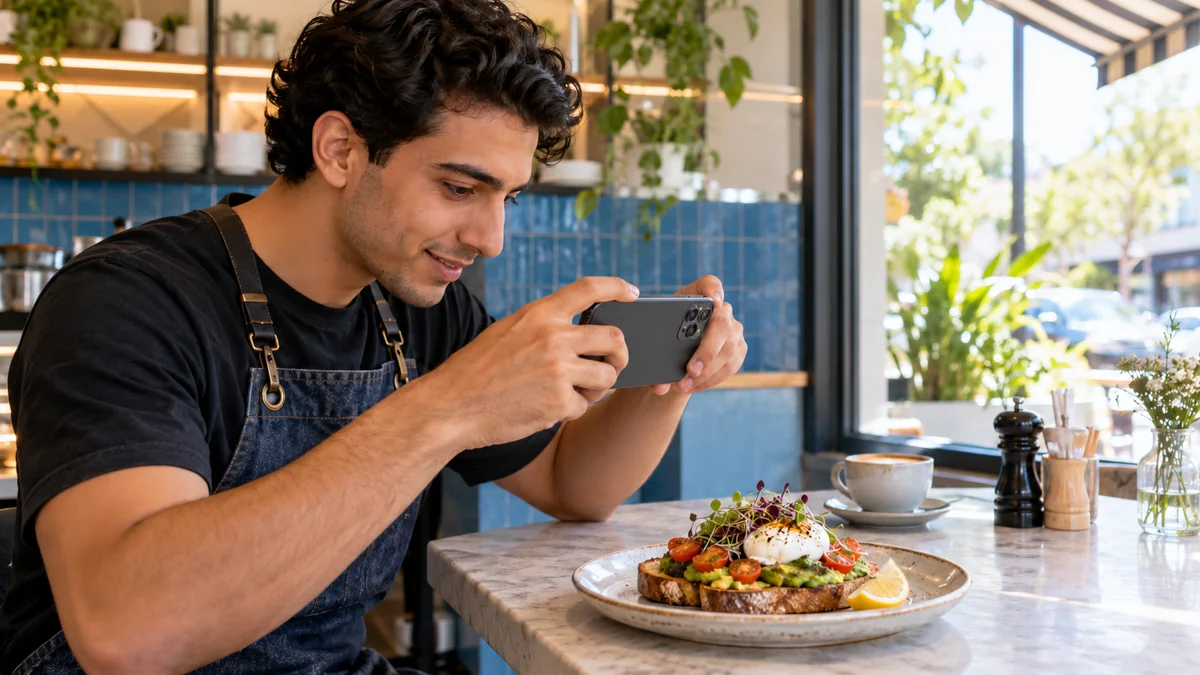 A cafe owner photographs an actual menu item for business listings.