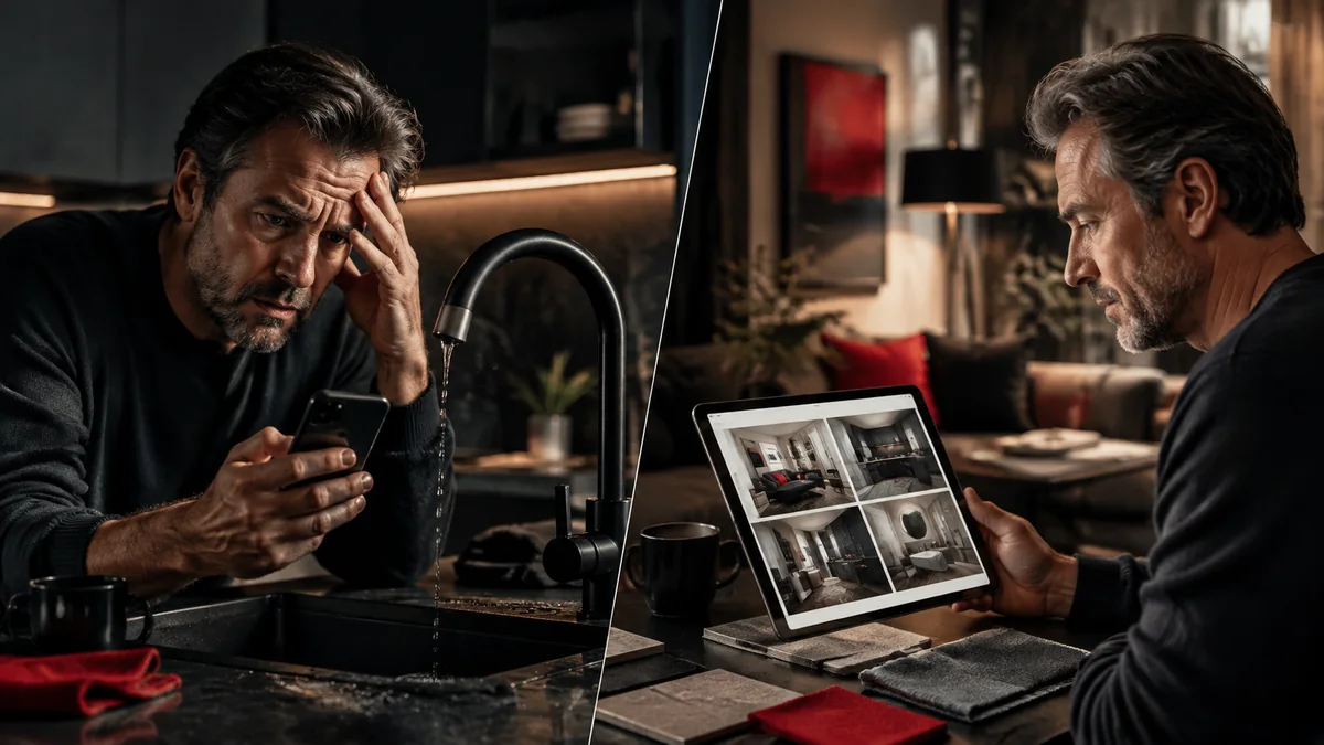 Illustration comparing an urgent repair search with considered interior-design browsing.