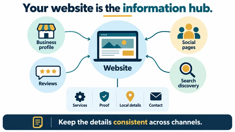 A website acting as the central hub that a business's Google Business Profile, social pages and reviews all point back to.